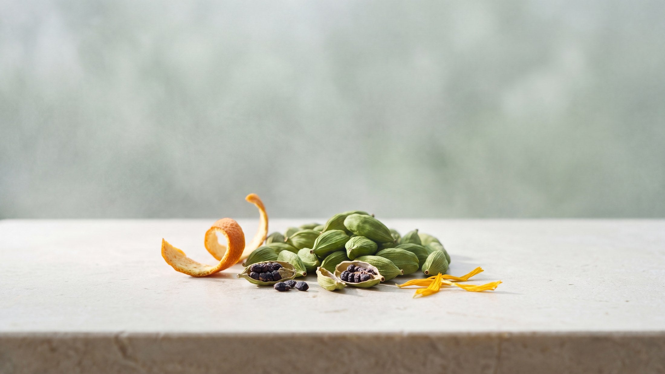 Green cardamom pods, some split open, with orange peel and calendula