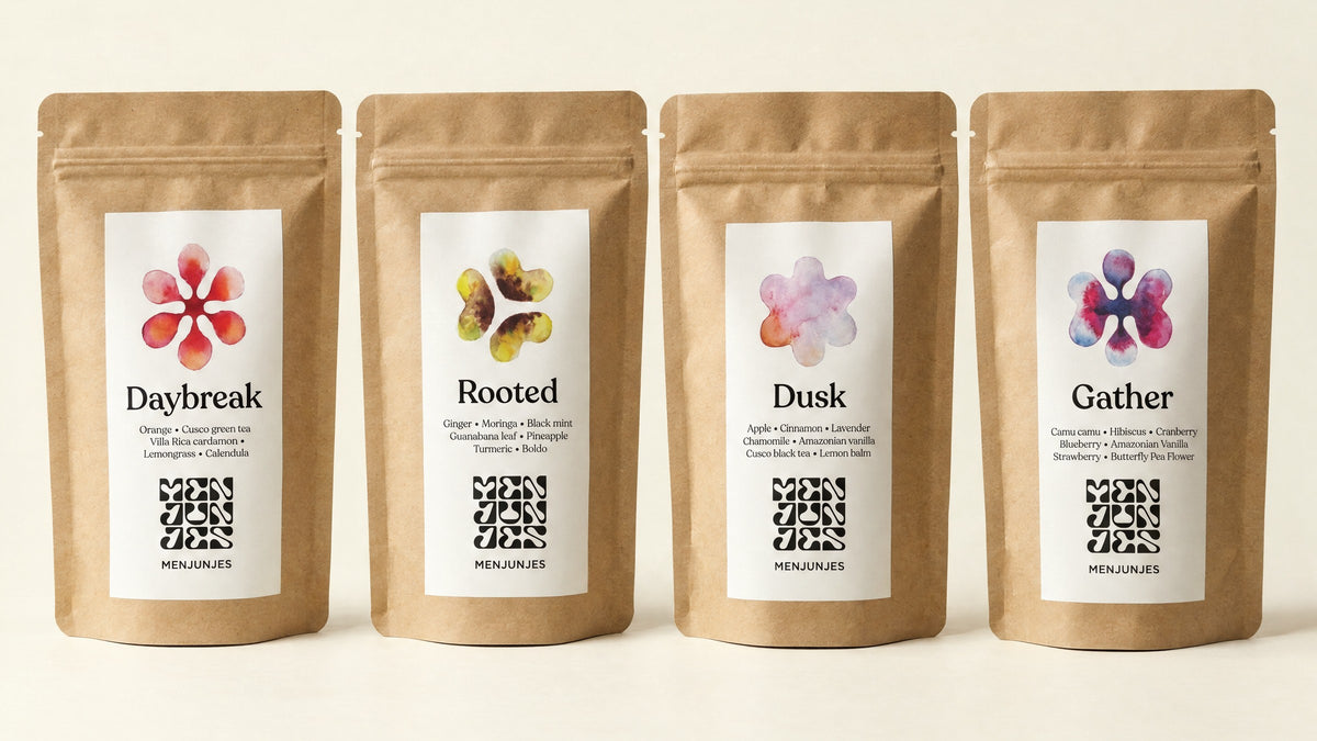 The four Menjunjes blends in their pouches: Daybreak, Rooted, Dusk and Gather