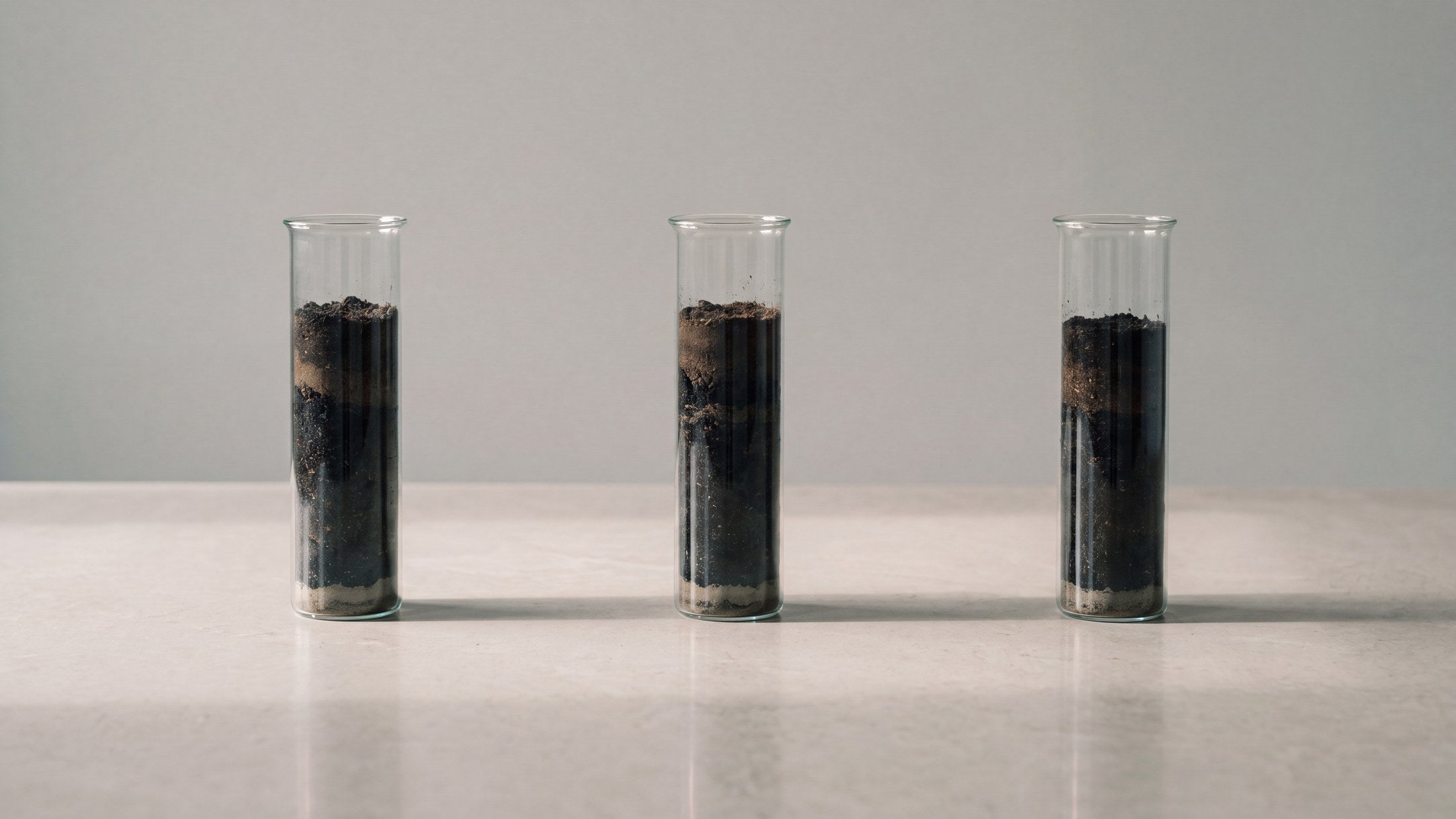 Three glass cylinders of layered dark soil standing in a row