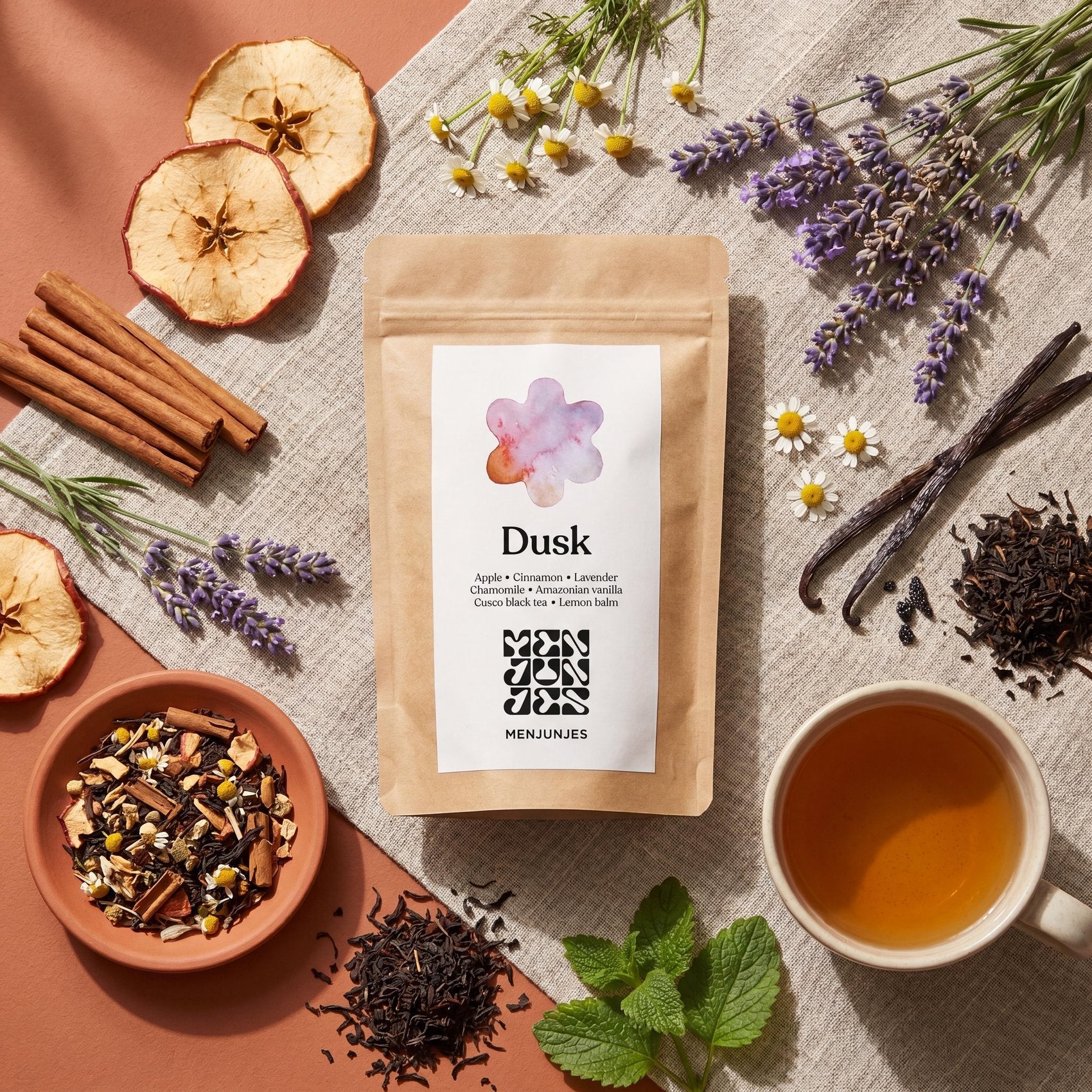 A flatlay of Dusk loose-leaf tea with its named botanicals