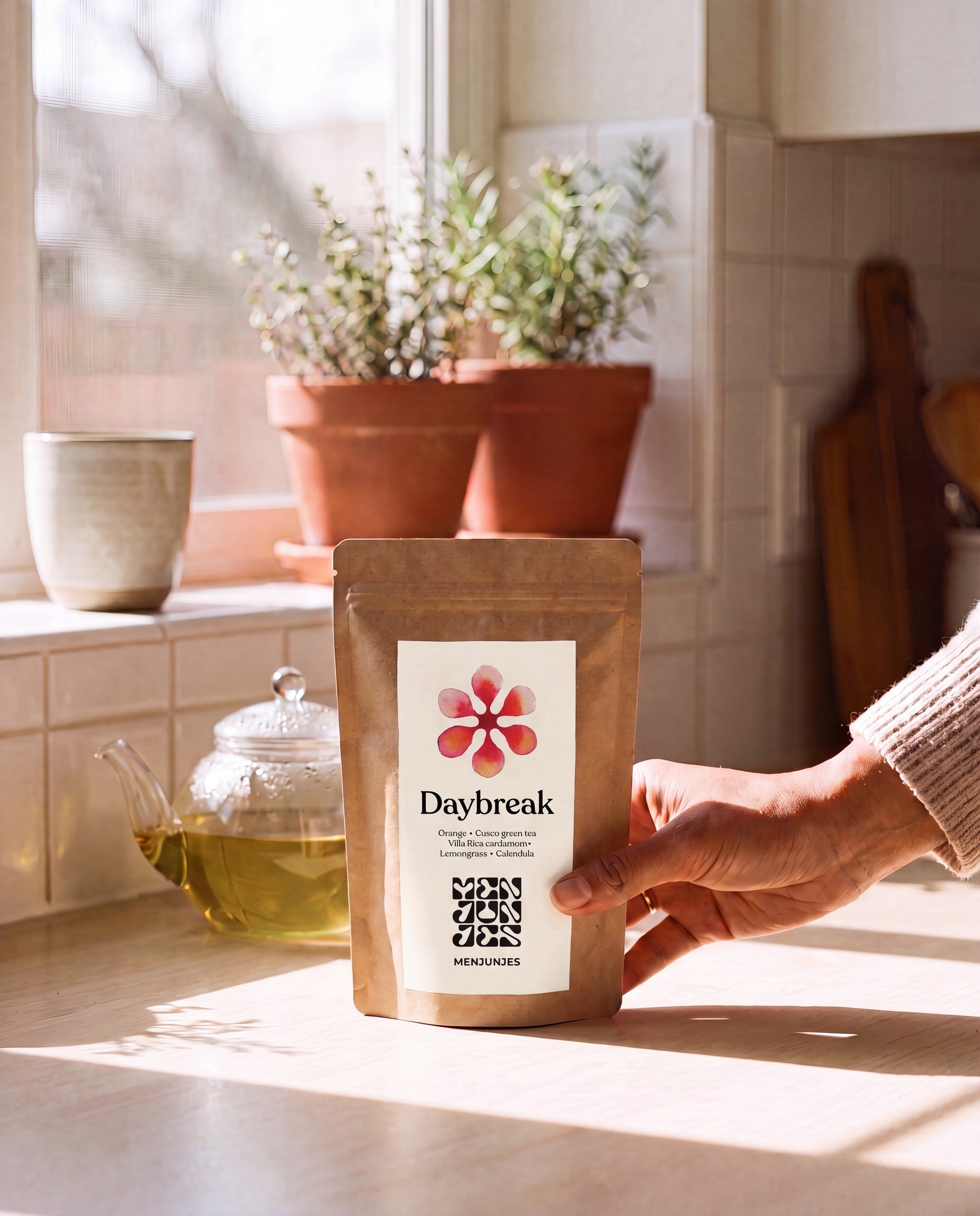 A hand holding the Menjunjes Daybreak pouch in a kitchen