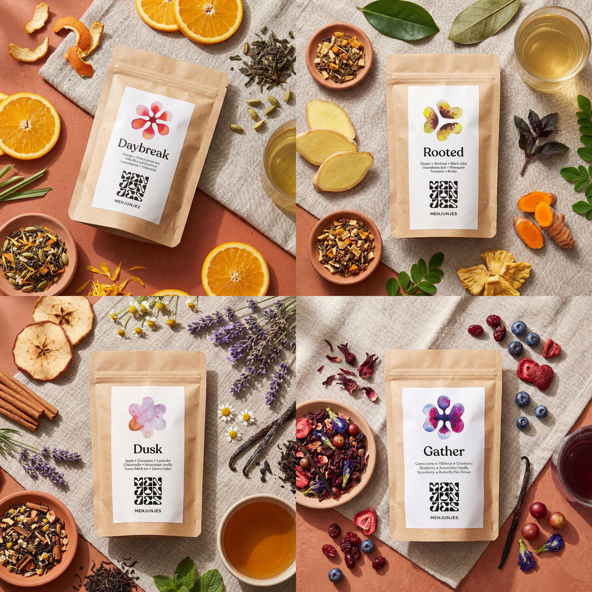 Four 200 g pouches, Daybreak, Rooted, Dusk and Gather, each laid flat among the ingredients of its blend.