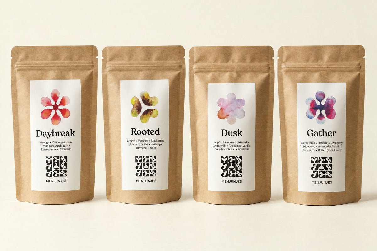 The four Menjunjes blends: Daybreak, Rooted, Dusk and Gather, each in a kraft pouch.