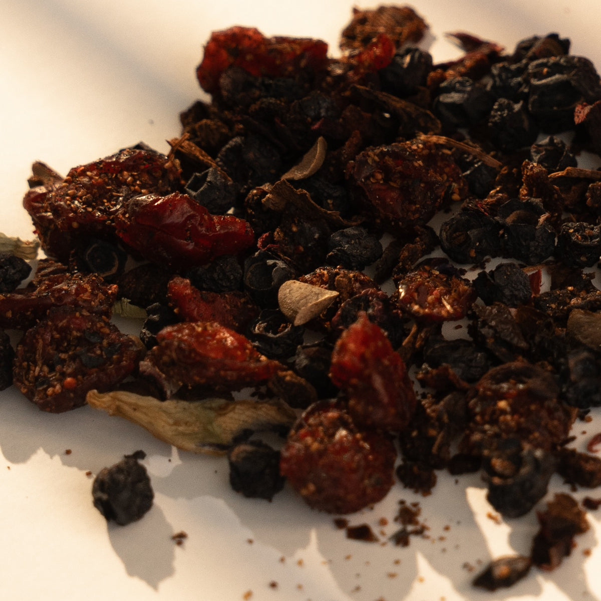 Gather loose leaf up close: hibiscus, cranberries and blueberries