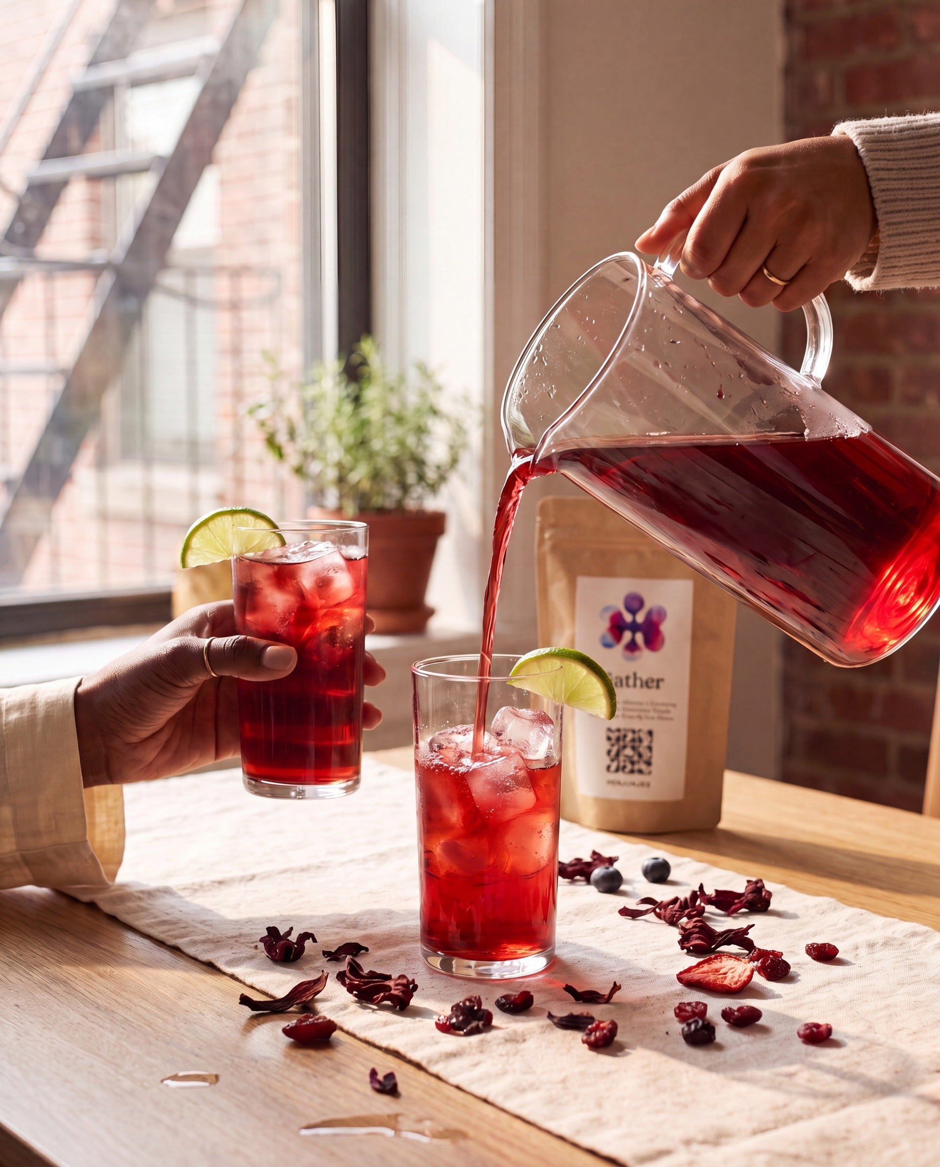 Two people sharing a pitcher of iced Gather over ice with lime