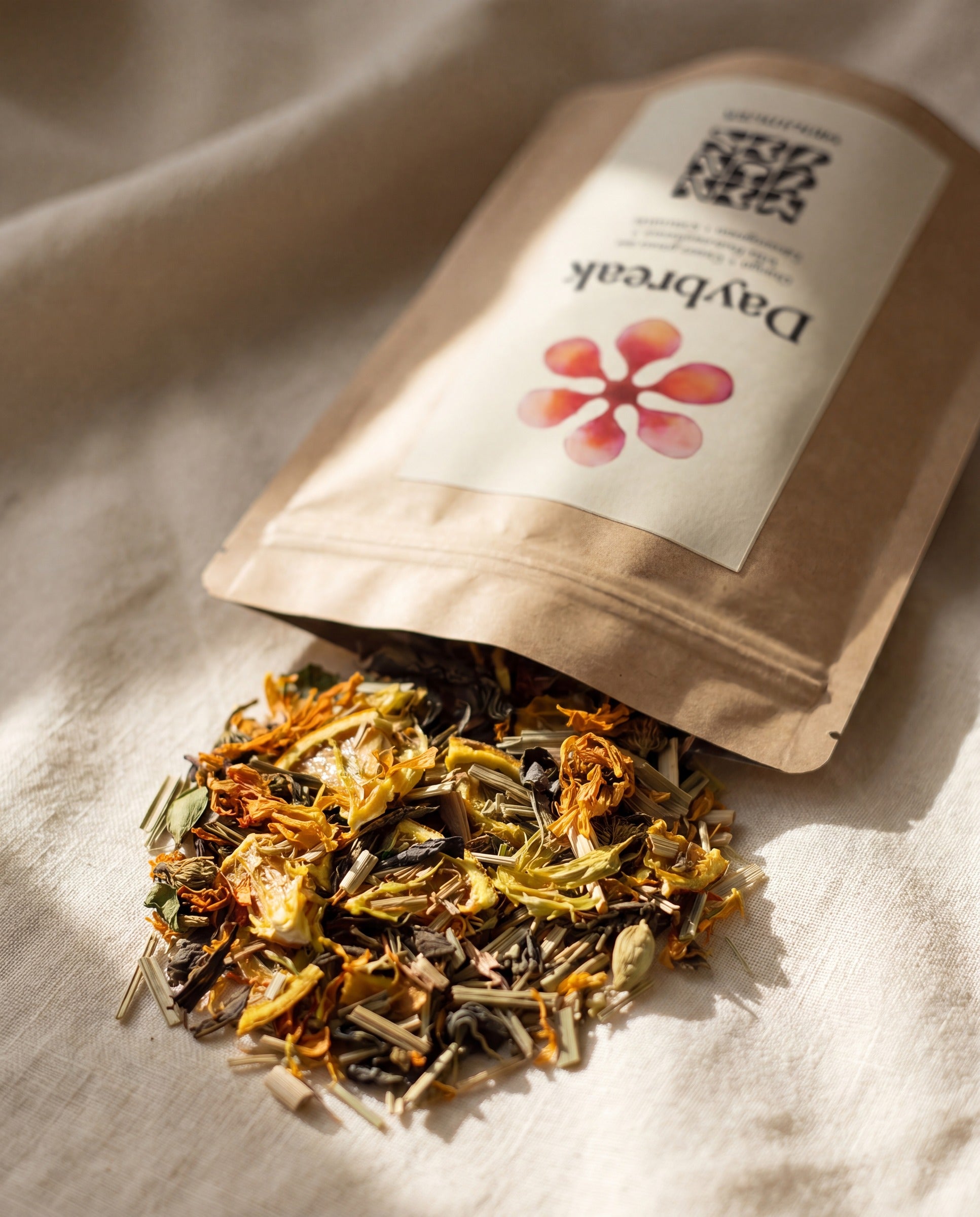 Menjunjes Daybreak pouch with loose-leaf tea spilling onto cream linen