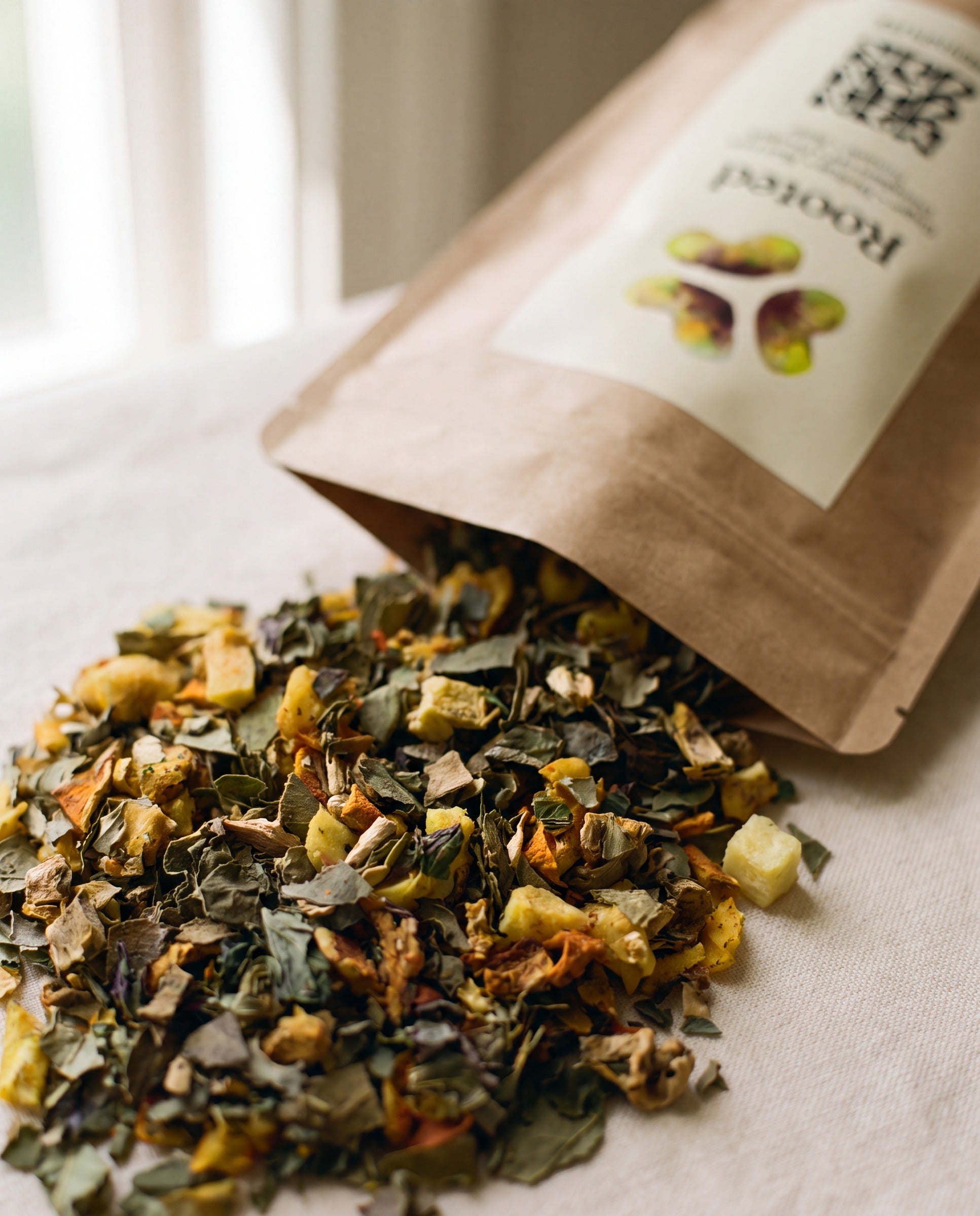 Menjunjes Rooted pouch with loose-leaf tea spilling onto cream linen