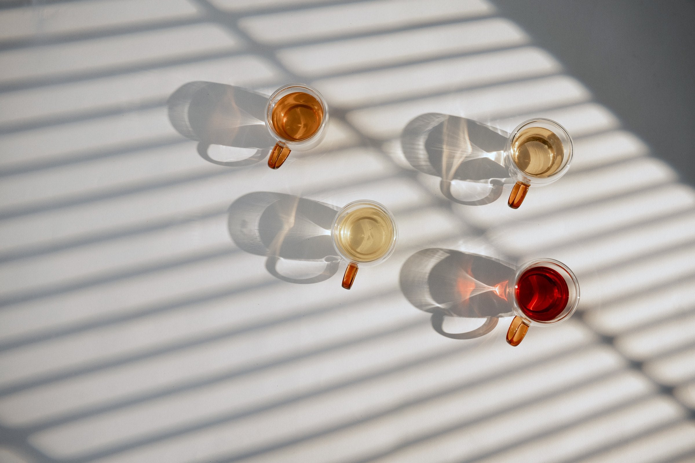 The four Menjunjes blends brewed in glass cups, seen from above in slatted sunlight