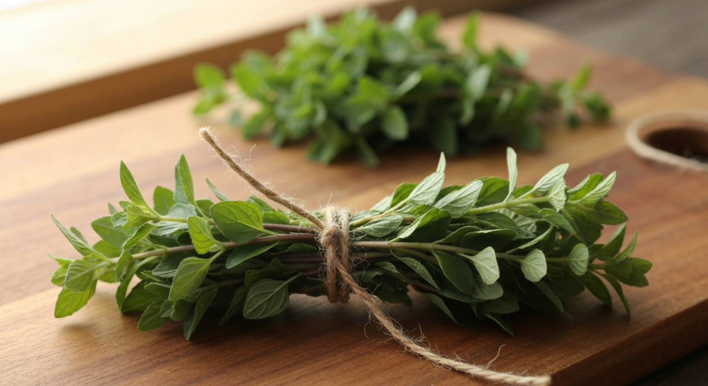 Bundle of fresh highland mint sprigs tied with twine on a wooden cutting board