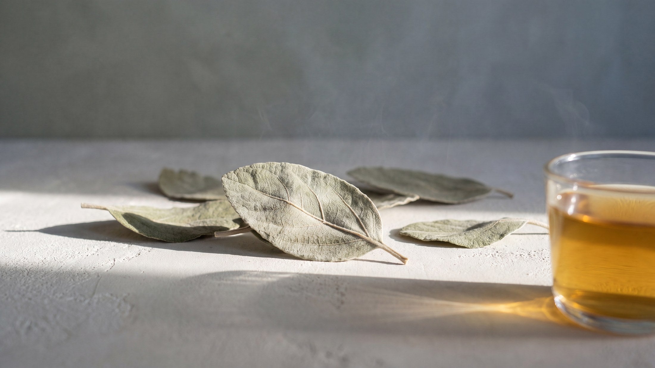 Boldo leaves and a glass of golden Rooted tea on pale plaster