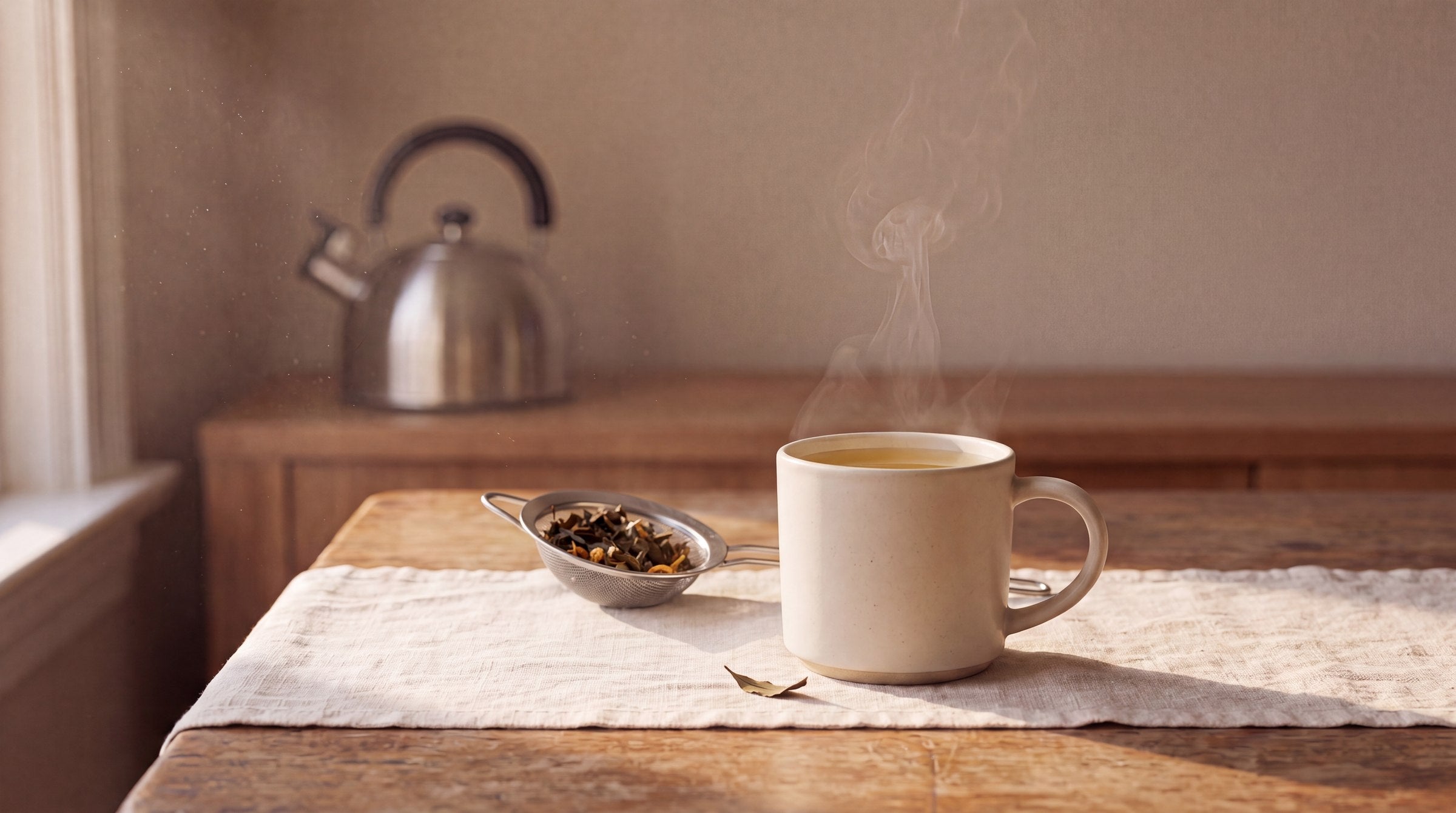 A cream stoneware mug of pale amber tea on a linen runner, a small steel strainer holding spent tea leaves set down beside it, a kettle out of focus on the sideboard behind