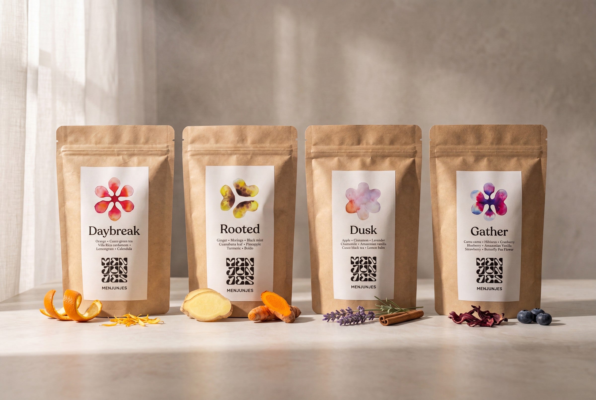 The Menjunjes Discovery Box — all four blends with their botanicals