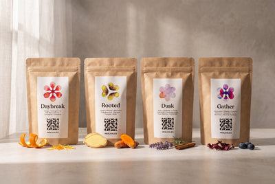 The Menjunjes Discovery Box — all four blends with their botanicals
