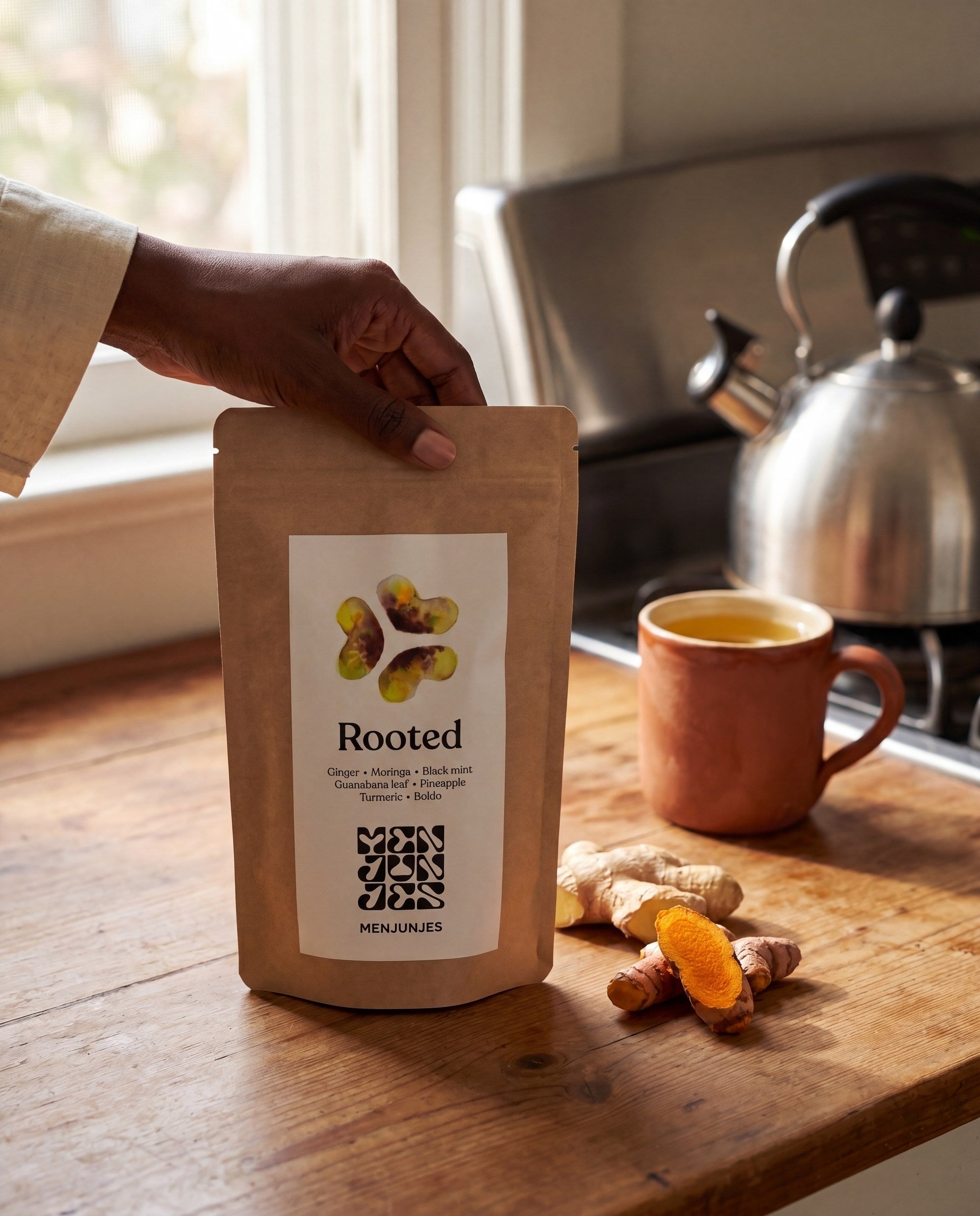 A hand holding the Menjunjes Rooted pouch in a kitchen