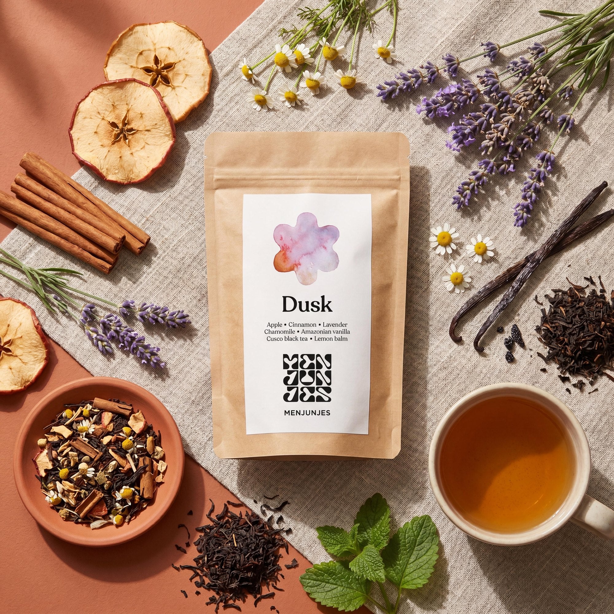 Dusk pouch with botanicals, styled flatlay