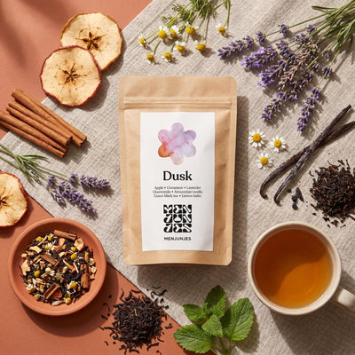 Dusk pouch with botanicals, styled flatlay