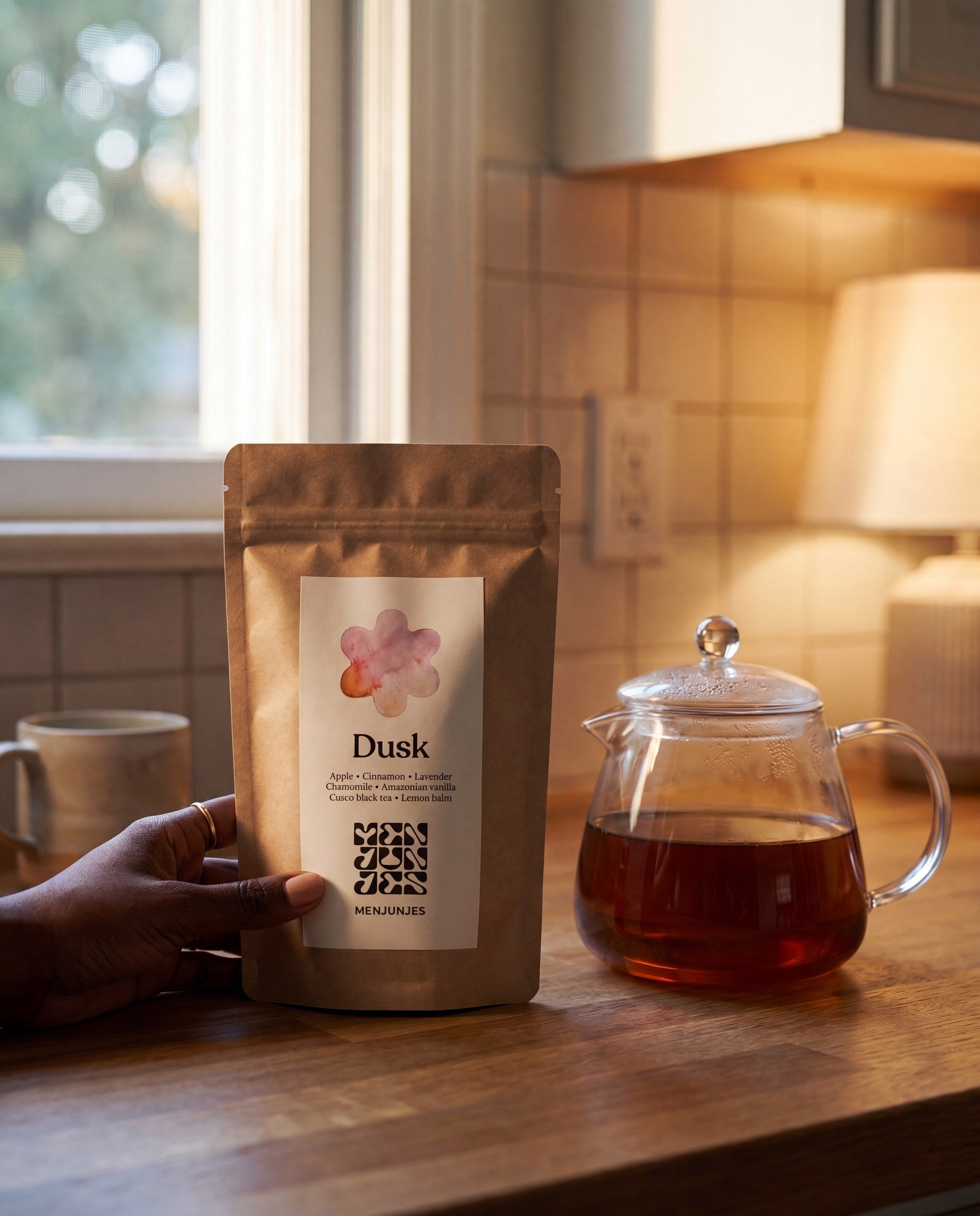 A hand holding the Menjunjes Dusk pouch in a kitchen