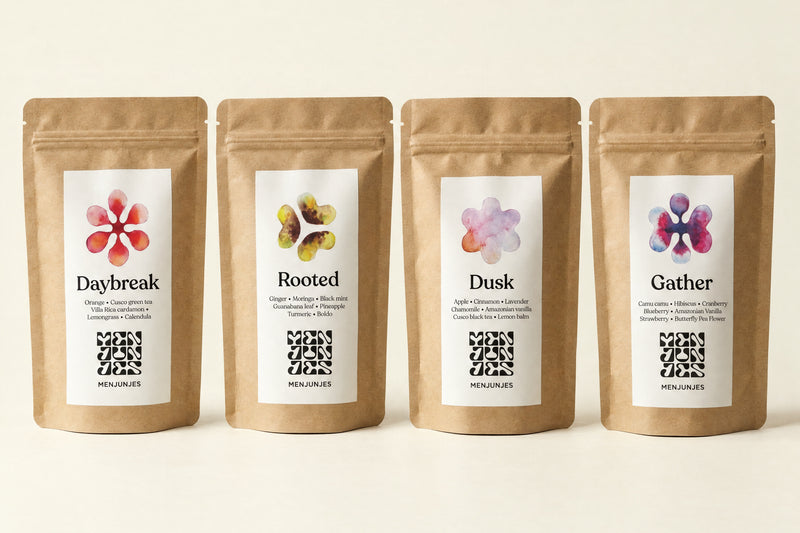 The four Menjunjes blends in the Discovery Box: Daybreak, Rooted, Dusk and Gather, each in a kraft pouch.