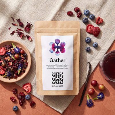Gather pouch with botanicals, styled flatlay