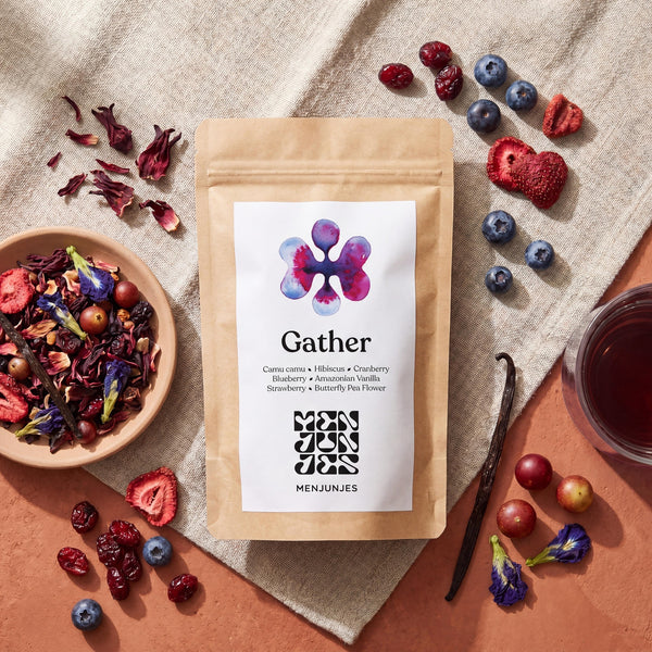 Gather pouch with botanicals, styled flatlay