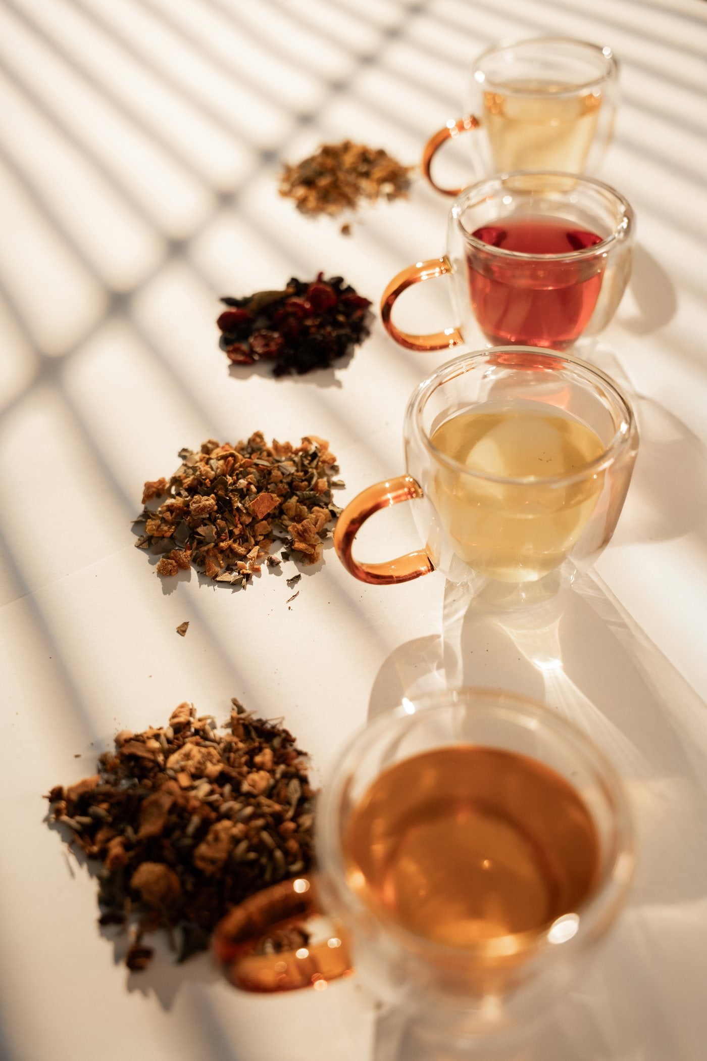 Four clear double-wall cups of Menjunjes tea, pale gold to deep red, each beside a pile of its loose leaf in striped window light